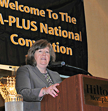 PMG Megan Brennan speaks at the A-PLUS National Convention in Memphis last week.