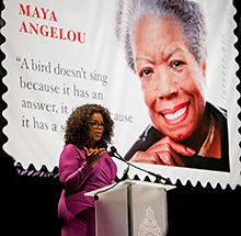Oprah Winfrey speaks at the stamp dedication.
