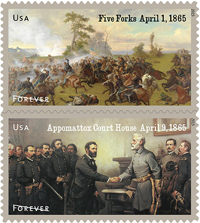 The Battle of Five Forks and Appomattox Court House surrended stamps.