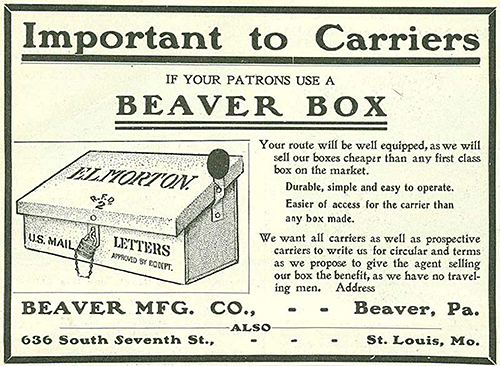 An advertisement for an early 1900s mailbox.