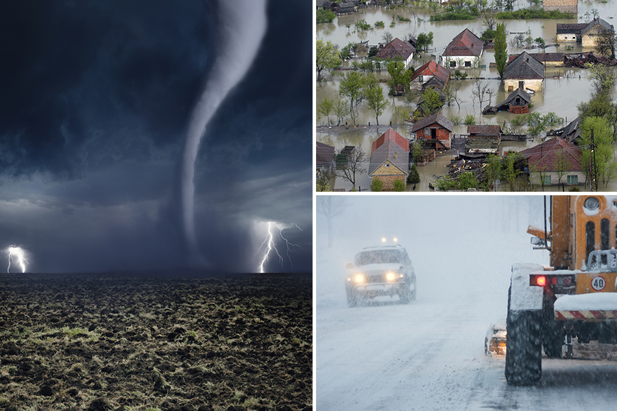 A photo of a tornado, flooded houses and vehicles during a snowstorm