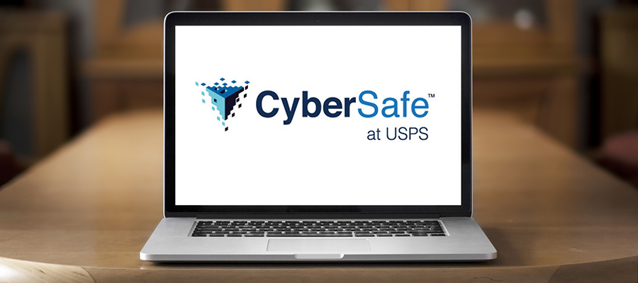 The CyberSafe at USPS image on a laptop screen.