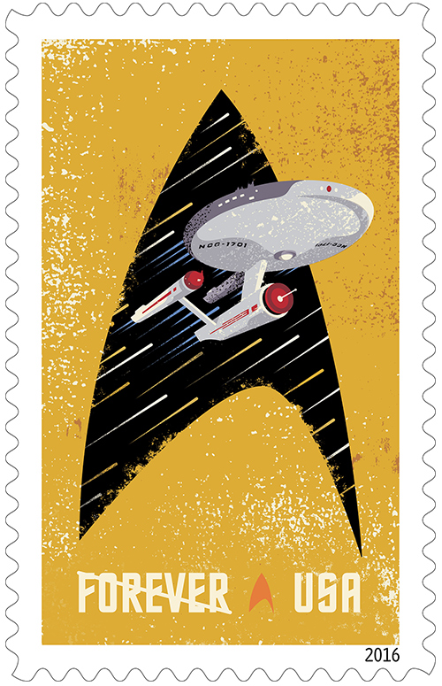 One of the four stamps shows the Starship Enterprise inside the outline of a Starfleet insignia