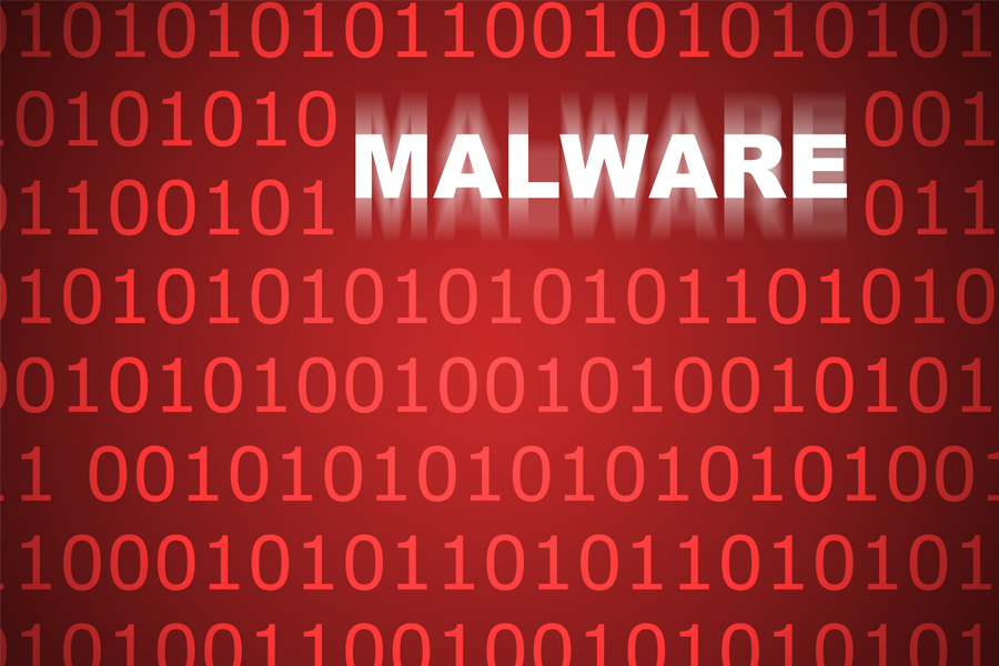 A red background with 0101 computer language and the word: Malware on it.