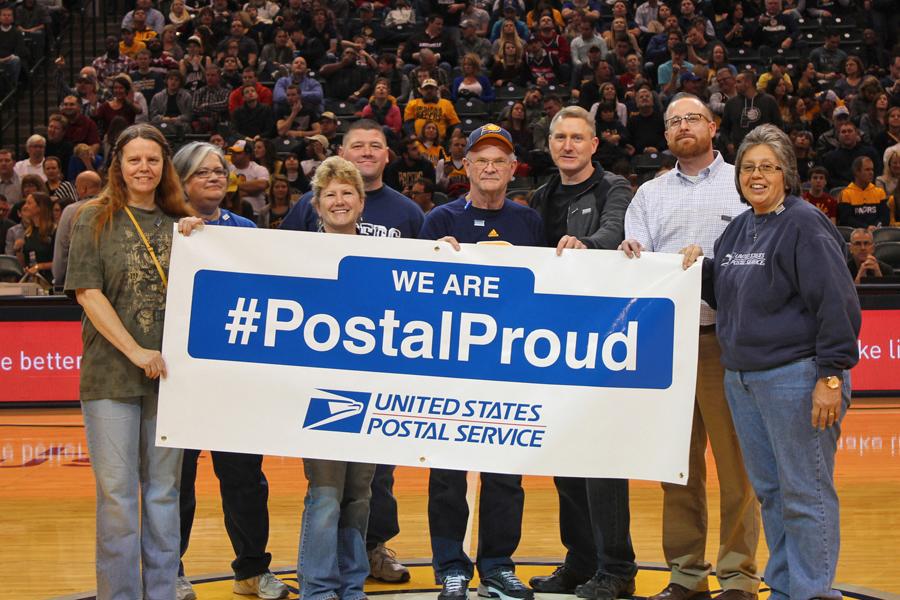 Greater Indiana District employees who showed they are #PostalProud include, from left, Rita Gilliam, Deena Brown, Angie Fette, Mark Farrell, Larry Massie, Mark Thornburg, Jake Turner and Jane Briones.