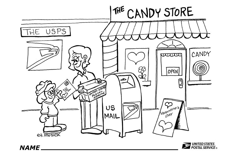 The Valentine’s Day coloring page created by Sycamore, OH, Postmaster Earl Musick.