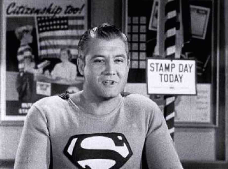 George Reeves plays the Man of Steel in the 1954 short film “Stamp Day for Superman.” Image: U.S. Treasury Department