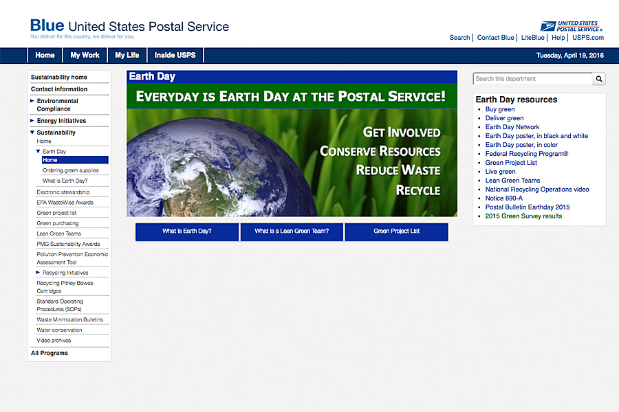Sustainability’s Earth Day site has tips and information for USPS employees.