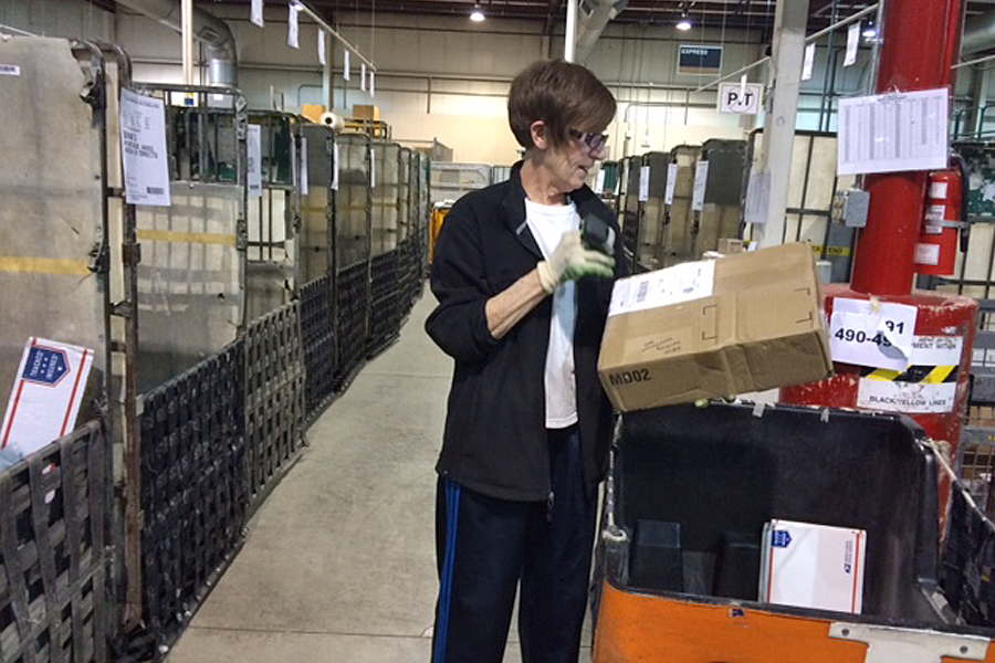 Grand Rapids, MI, Mail Processing Clerk Sharon Witt scans a package recently.