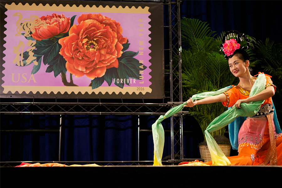 A dancer performs at the Feb. 5 dedication of the Year of the Monkey stamp, the latest addition to the Postal Service’s Celebrating Lunar New Year series.