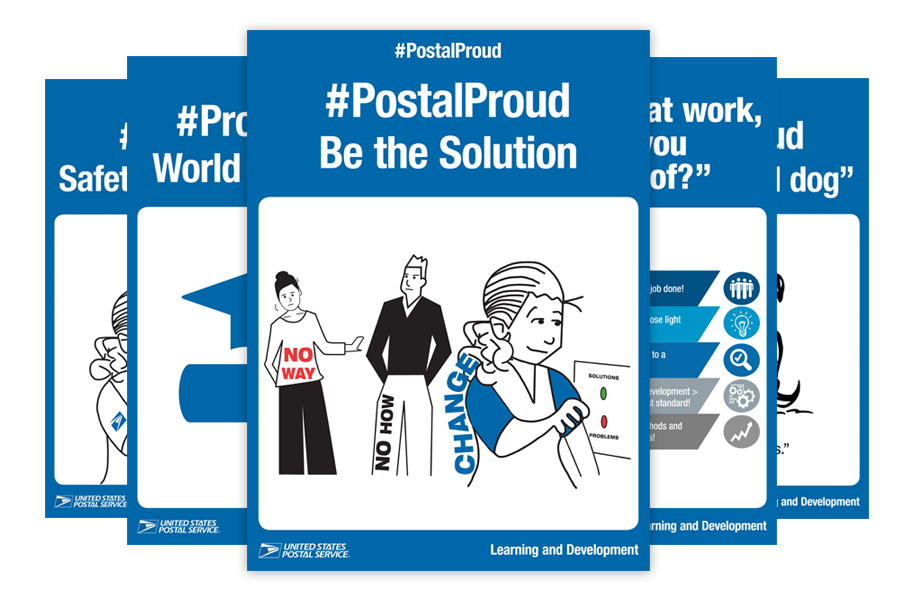 Some of the winning designs in the #PostalProud poster contest, including a Sr. Instructional Design Specialist Yvette Kalkay’s entry.