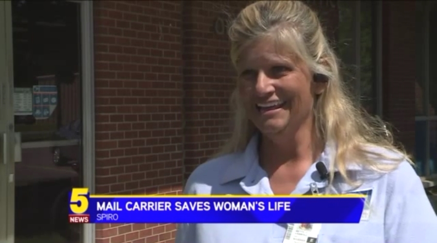 Spiro, OK, City Carrier Assistant Betty Carroll appears in a KFSM-TV news report.