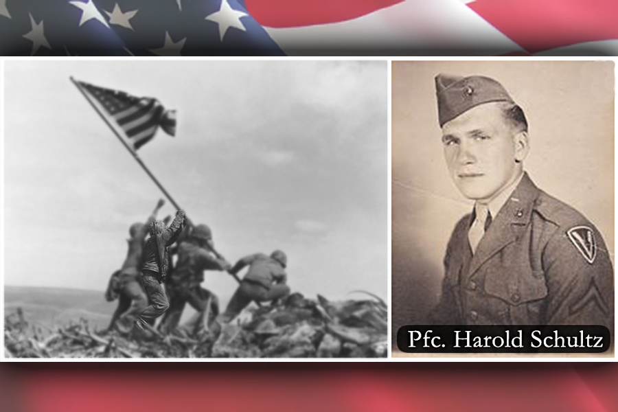 A Marine Corps image highlights Pfc. Howard Schultz, second from left, in the Feb. 23, 1945, flag-raising on Iwo Jima.