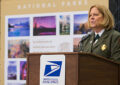 National Park Service Deputy Director Peggy O’Dell addresses the audience at the World Stamp Show dedication.