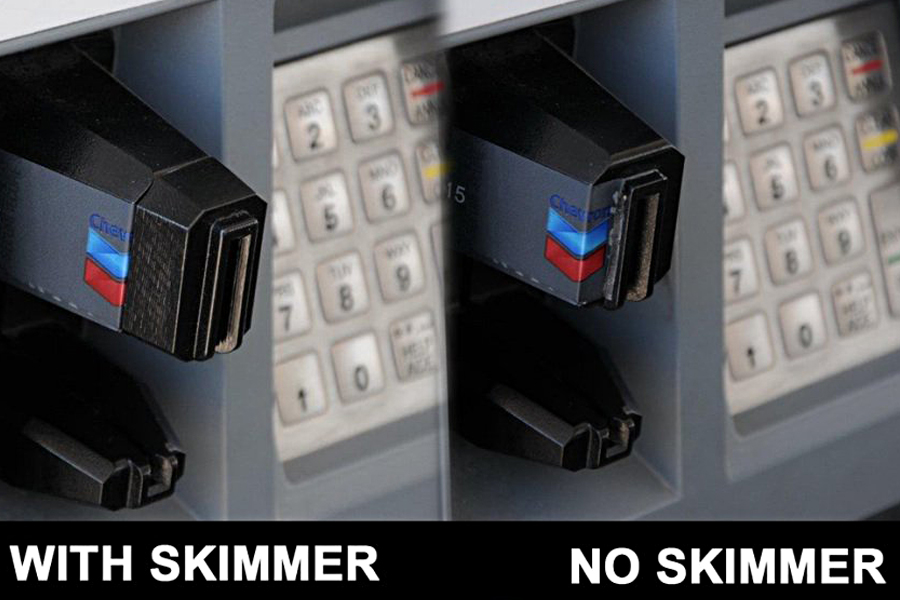 This image from the CyberSafe at USPS team shows how skimmers are placed over credit card readers to steal consumers’ information.
