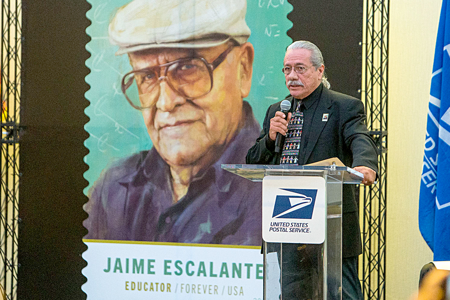 Edward James Olmos, who played Jaime Escalante in “Stand and Deliver,” speaks at the stamp dedication.
