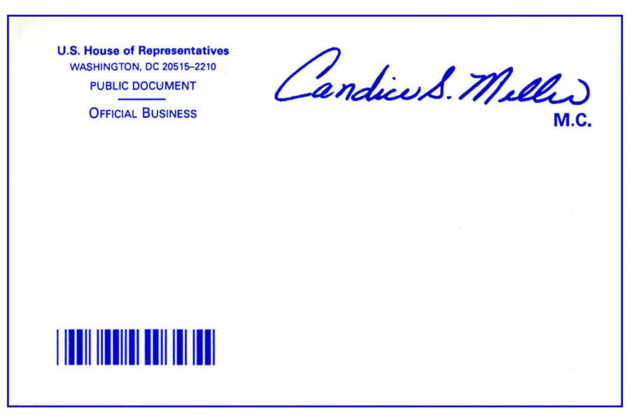 Franked Mail shows a Congress member’s signature — the frank — in the upper right hand corner of the envelope.