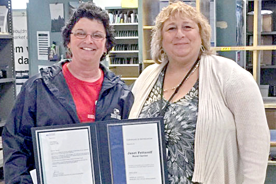 Hegins, PA, Rural Carrier Janet Fetterolf and Post Office Operations Manager Andrea Caraciolo