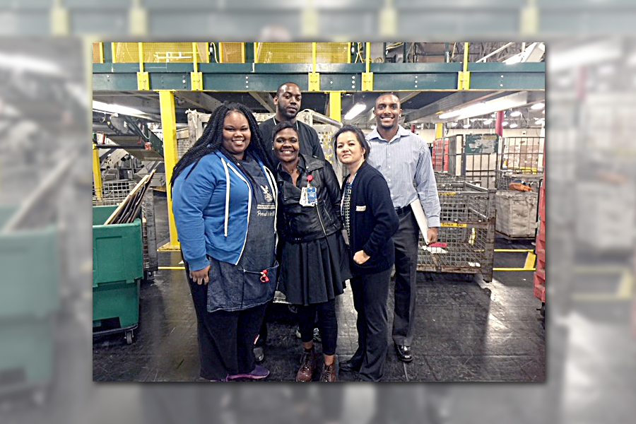 Employees who’ve helped Los Angeles District boost its Priority Mail overnight score include, from left, Postal Support Employee Clerk La’Tiera Atkins, Customer Service Acting Supervisor Jason Haywood, Distribution Operations supervisors Tamra Jenkins and Cherry Ngo, and Operations Industrial Engineer Jordan Tolson.