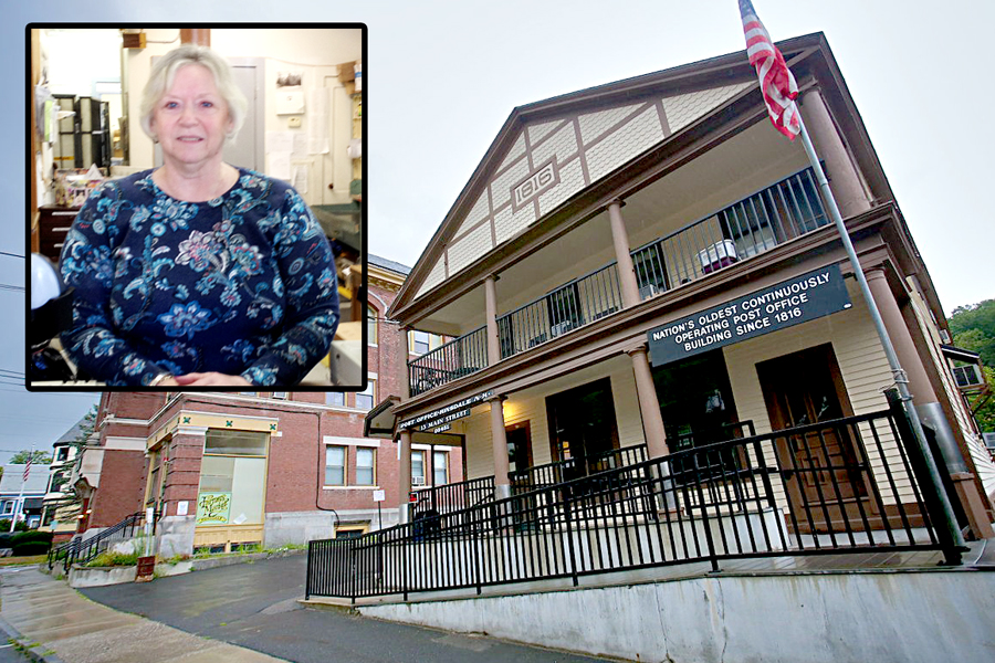 Postmaster Cindy Mason, inset, and the Hinsdale, NH, Post Office building, which marked its bicentennial last week. Building image: The Sentinel