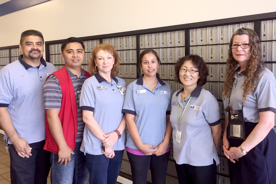 The Camarillo, CA, Post Office was a recent weekly winner in the PO Box contest. Employees who received recognition include, from left, Fernando Lares, John Agtarap, Diana Powers, Celina Shaw, Beth Cox and Terry Mesa. Shaw is a mail processing clerk, while the others are retail associates.