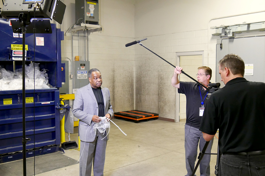 Detroit District Human Resources Manager Lee Ward films a sustainability video with help from acting multimedia specialists Steve Waldorf and Ken Behm.