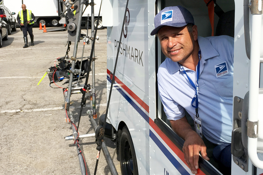 Glendale, CA, Letter Carrier Jose Reynoso gets ready to film a Postal Service TV ad last summer.