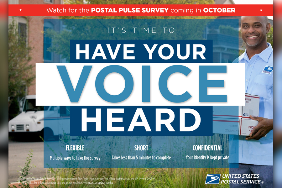 Employees will soon receive this postcard about the Postal Pulse survey.
