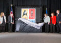 Unveiling the stamps are, from left: NASA official Michelle Thaller, “Star Trek” star Walter Koenig, PMG Megan J. Brennan, CBS Consumer Products executive Liz Kalodner and Chief Postal Inspector Guy Cottrell.