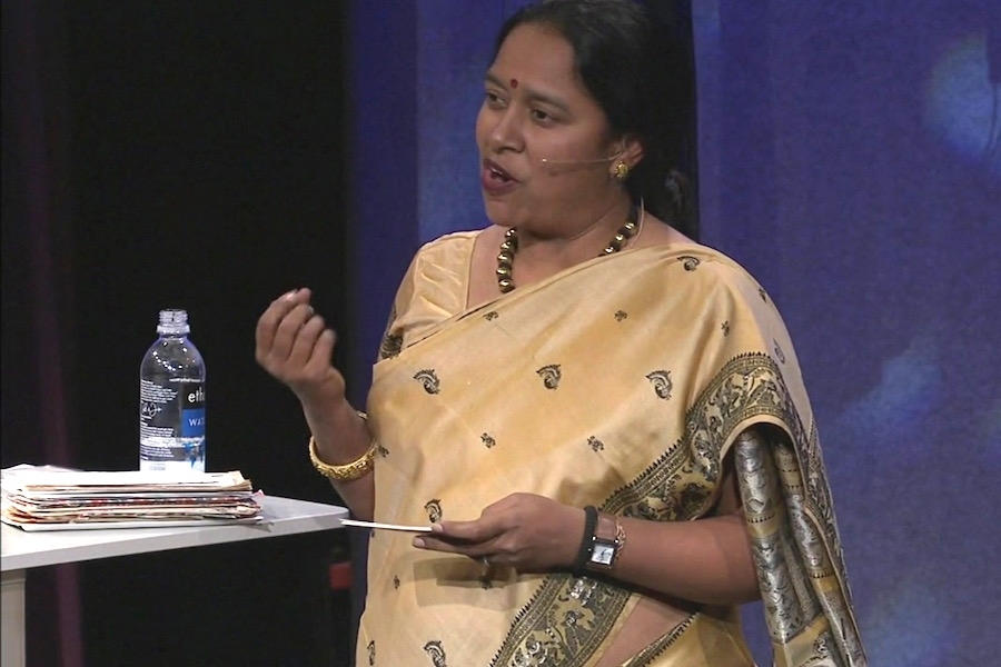 Laksmhi Pratury, addressing attendees during her talk, is calling for a return to letter writing. Image: NPR.org