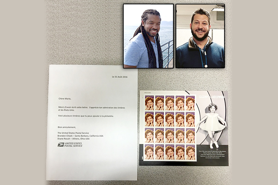 Santa Barbara, CA, Retail Associate Brandon Cheek, left, and Athens, OH, Customer Services Supervisor Shane Roush joined forces to fulfill a French girl’s stamp request.