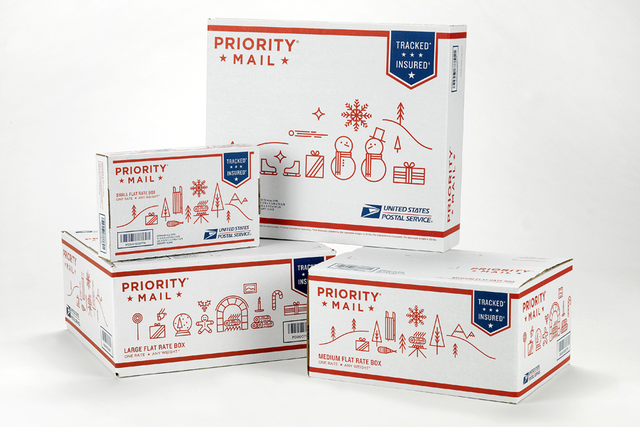 Holiday-themed Priority Mail boxes are among the shipping supplies available from USPS this year.