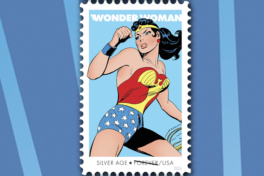USPS has released four Wonder Woman stamps, including one that shows her during the Silver Age (1956-72).