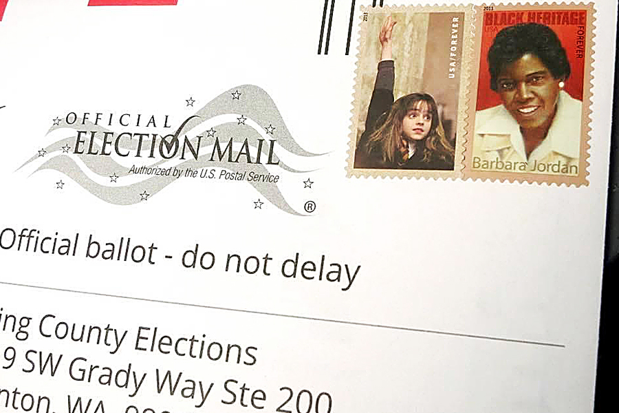 One voter used Harry Potter and Barbara Jordan stamps to mail a ballot. Image: KUOW.org