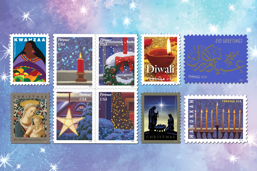 This year’s seasonal stamp offerings include Kwanzaa, Holiday Windows, Diwali, Eid Greetings, Florentine Madonna and Child, Nativity and Hanukkah.