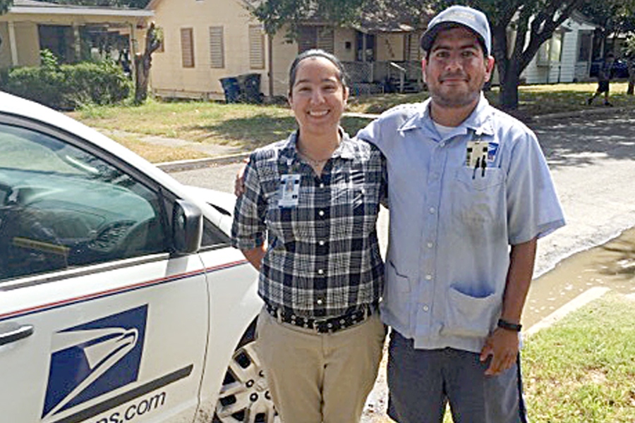 Corpus Christi, TX, Customer Services Acting Manager Corisa Ruiz and Letter Carrier German Osorio