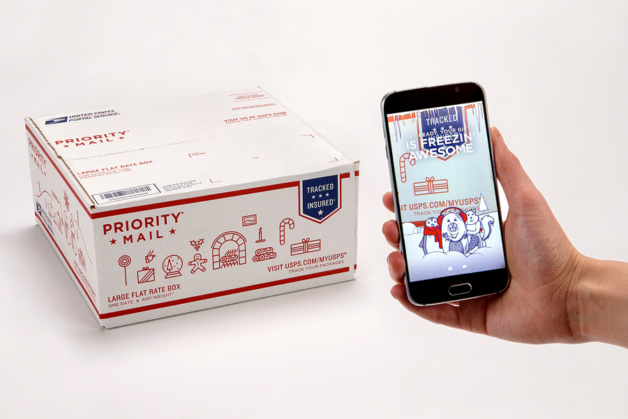 The USPS AR app allows customers to send holiday-themed multimedia greetings.
