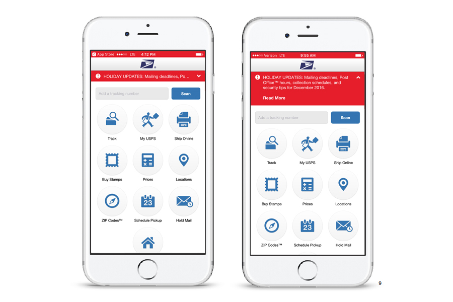 The USPS service alerts appear in a red bar at the top of the screen on mobile devices.