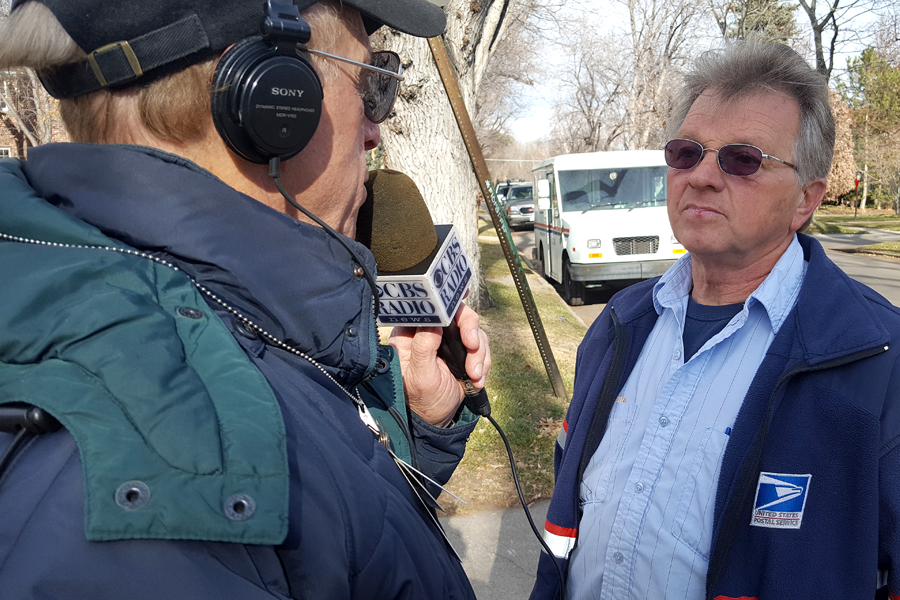 Denver Letter Carrier Dale Szymanski is interviewed this week by a CBS Radio News reporter.