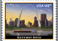 The Gateway Arch Priority Mail Express stamp celebrates the famous landmark, originally built as a memorial to President Thomas Jefferson and 19th-century traders and pioneers for whom St. Louis was the gateway to the west.
