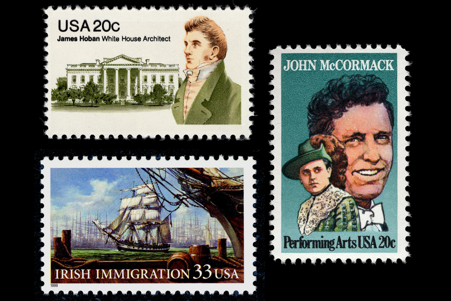Three postage stamps celebrating Irish-American history