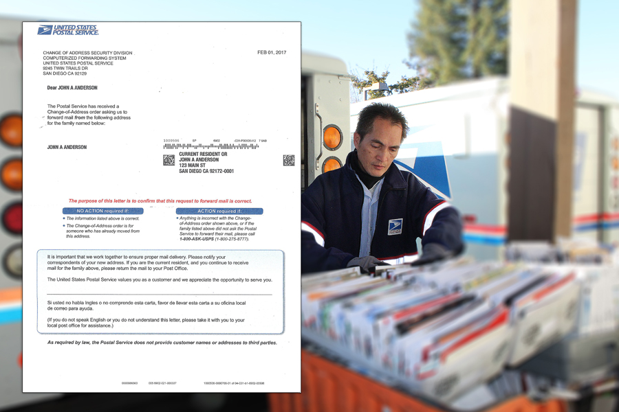 Validation letter and mail carrier reviewing mail