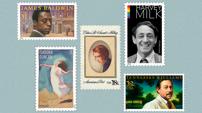 Stamp art of several LGBT pioneers