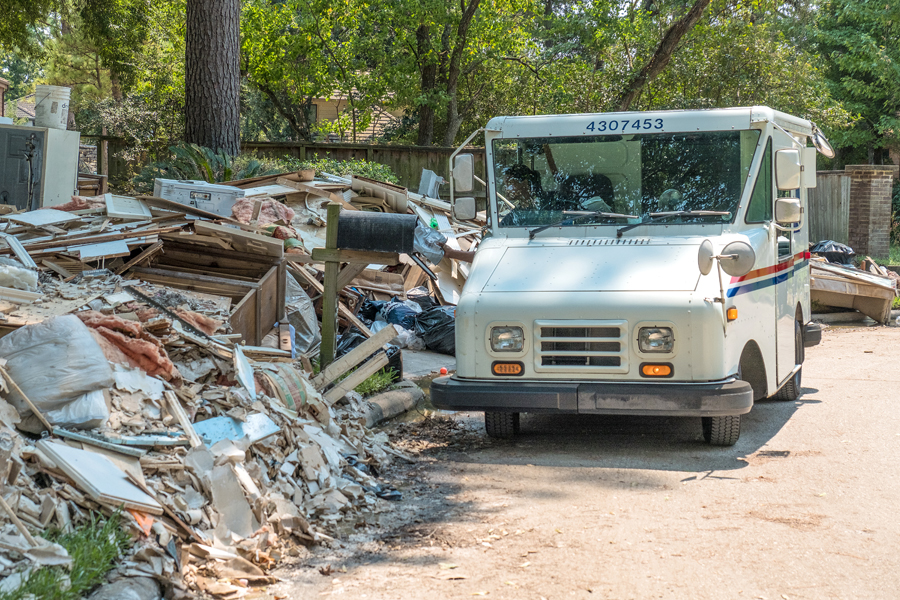 USPS vehicle stops near mailbox amid storm debris