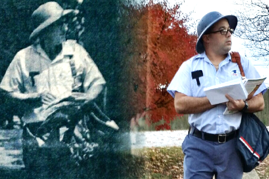 Side-by-side photo of 1970s and 2017 letter carriers
