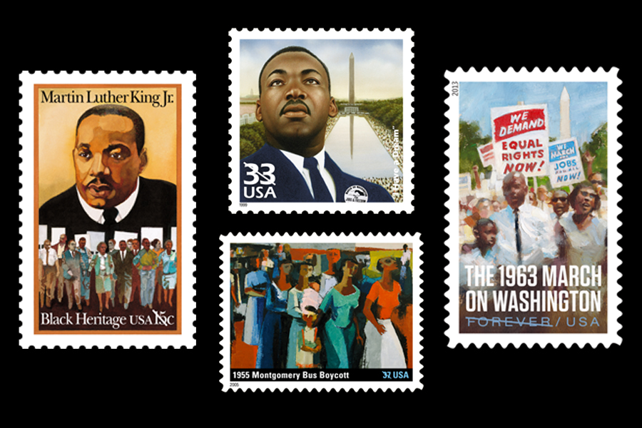 Four MLK stamps on a background