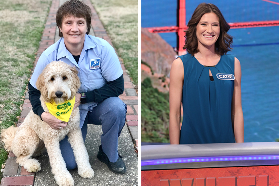 Side-by-side shot of letter carrier holding dog and woman on "Wheel of Fortune" set