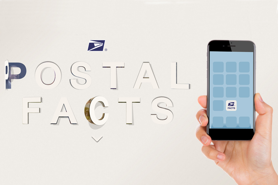 Hand holding smartphone with Postal Facts icon on screen