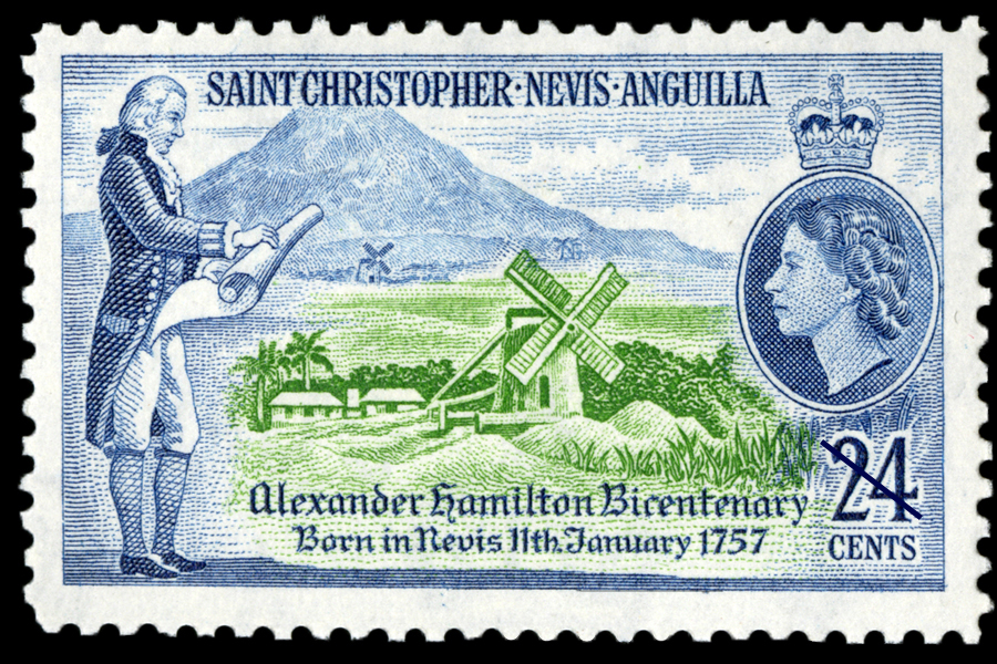 Stamps showing Alexander Hamilton in front of countryside