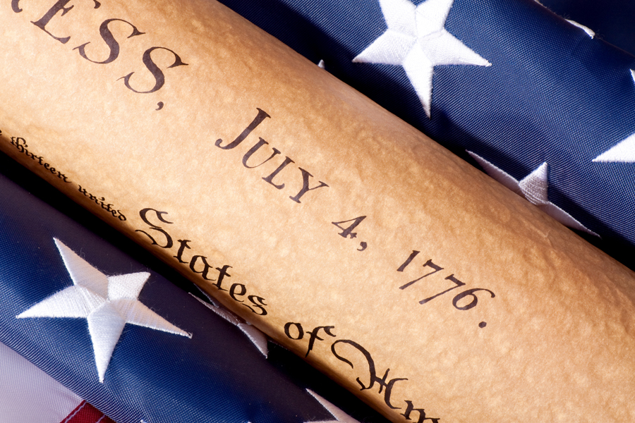 Declaration of Independence near U.S. flag